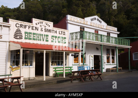 Old buildings in main street of Shantytown replica town tourist attraction store and saloon Greymouth South Island New Zealand Stock Photo