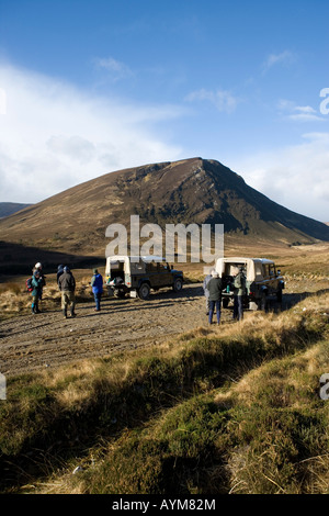 Guests on wildlife watching trip having tea beside Land Rovers in Alladale Estate, Scotland Stock Photo