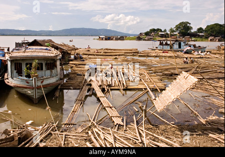 Stock photograph of bamboo rafts on the Ayeyarwady River at Mandalay in Myanmar 2006