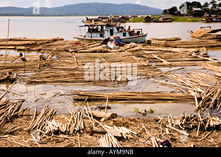 Stock photograph of bamboo rafts on the Ayeyarwady River at Mandalay in Myanmar 2006
