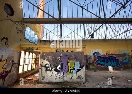 Graffiti in a brownfield site factory. Graffiti dans une usine désaffectée. Stock Photo