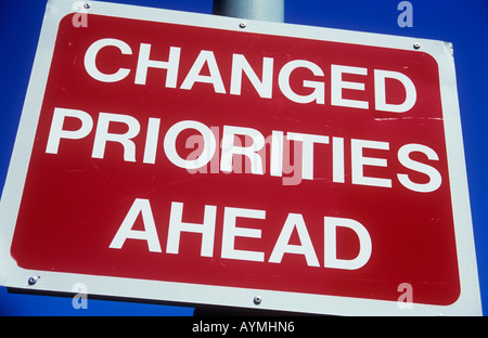 Close up of red and white road sign on a lamp post or pole against clear blue sky stating Changed priorities ahead Stock Photo