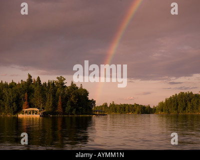 Lake of the Woods, Ontario, Canada, Rainbow over the lake Stock Photo