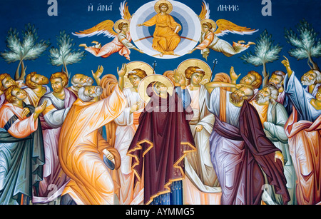 Ascension of Jesus Christ wall illustration church Crete Krete island Greece Stock Photo