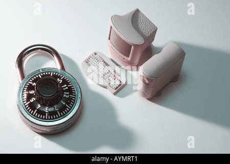 Combination Lock and Miniature Computer Set Stock Photo