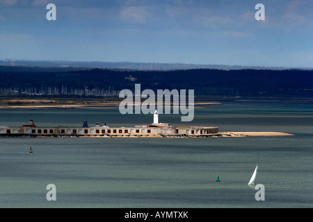 A view of the Solent from the Needles showing Hurst Castle and the Lymington river and marina in the background Stock Photo