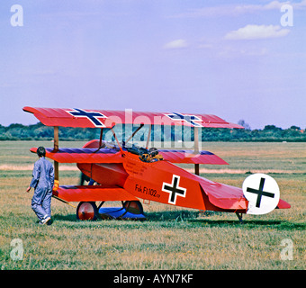 German Fokker Triplane replica Fok FI102 17. Aircraft type associated with German WW1 flying ace Red Baron Stock Photo