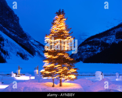 Canada,Alberta, Banff National Park, Lake Louise,tree decorated with lights with frozen lake and mountains in background