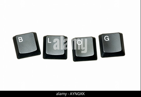 Computer keys arranged to spell the word Blog on a white background. Stock Photo