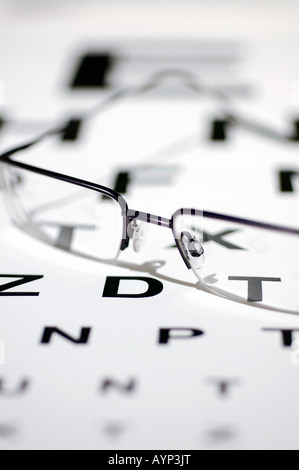 Pair of spectacles with a Snellen eye chart Stock Photo