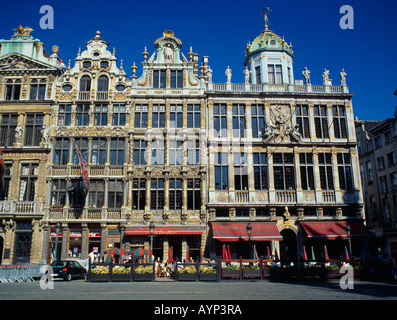 BELGIUM Brabant Brussels Grand Place the west side facades with outdoor restaurants in the square Stock Photo