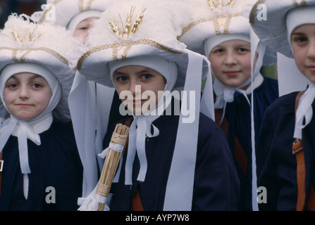 BELGIUM Walloon Region Binche Children in Medieval costume Stock Photo