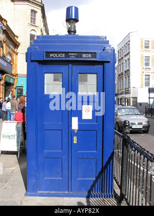 LONDON, UK. Old-fashioned blue police telephone box on the Earl's Court Road. Stock Photo
