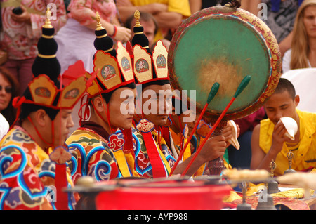 Buddhist monks performing a traditional fire ceremony at the Dalailama ...