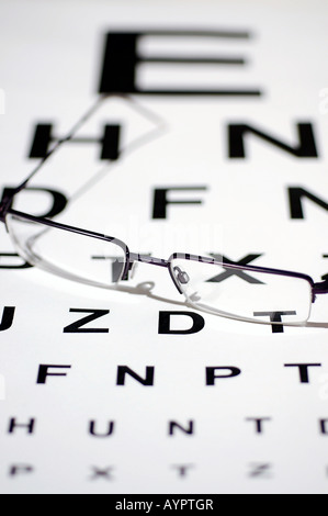 Pair of spectacles with a Snellen eye test chart Stock Photo