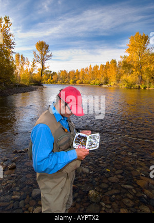 Idaho Boise A fisherman enjoying a beautiful fall day on the Boise River chooses a fly from his collection Stock Photo