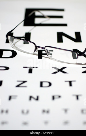 Pair of spectacles with a Snellen eye test chart Stock Photo