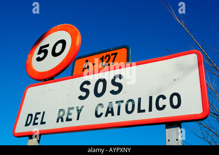 Street sign, SOS Del Rey Catolico, Zaragoza Province, Aragón, Spain, Europe Stock Photo