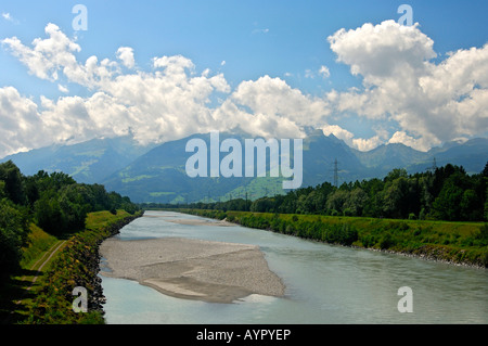 Rhine River Valley near Ruggell forming the border between Switzerland (left bank) and Liechtenstein (right bank) Stock Photo