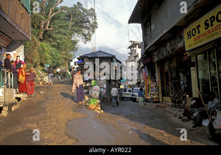 Bustling street scene in Dharamsala, Himachal Pradesh, India, with local shops, traditional architecture, and people in the Himalayan foothills. Stock Photo