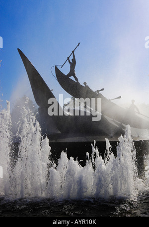 Controversial whaling monument by Norwegian sculptor Knut Steen, fountain and rainbow, Sandefjord, Vestfold, southern Norway, S Stock Photo