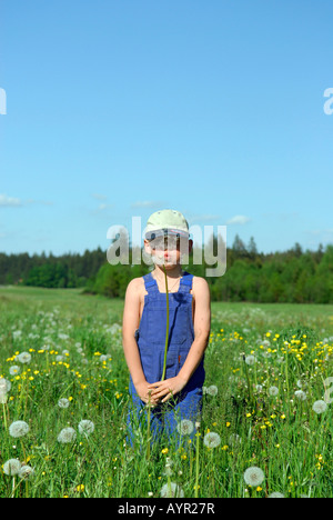 Boy standing in a meadow with dandelion clocks (Taraxacum officinale) Stock Photo