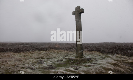 Snowing at Young Ralph Cross, North York Moors, Blakey Ridge, North Yorkshire, UK Stock Photo