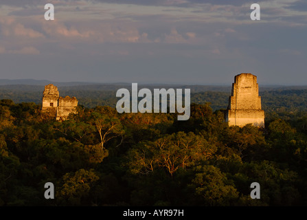 Mayan ruins of Tikal - View from Temple IV to Temple I, Temple of the Giant Jaguar, II and V, Yucatan, Guatemala, Central Ameri Stock Photo