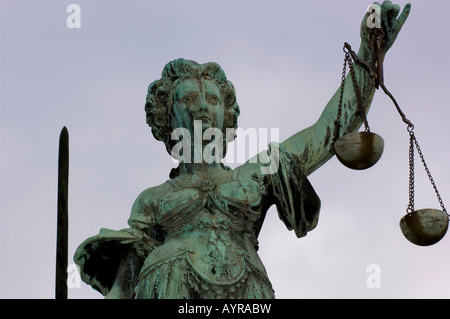 Statue of Lady Justice holding scales, Roemer Square, Frankfurt, Hesse, Germany Stock Photo