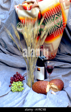 Bread grapes wheat and wine with Navajo blanket tapestry. St Paul Minnesota USA Stock Photo