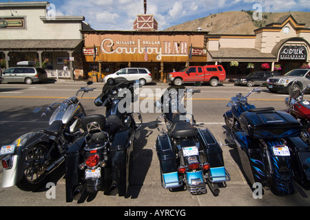 Harley Davidson motorcycles parked in front of a saloon in Jackson, Wyoming, USA Stock Photo