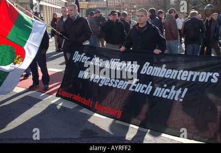 Far right demonstrators carry banner that says Victims of Allied Bombing Terror We Won t Forget You Dresden Germany Stock Photo