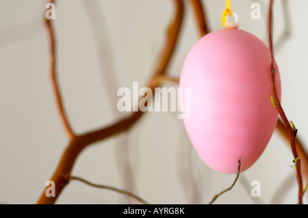 Painted Easter egg hanging on a branch, close-up, selective focus Stock Photo
