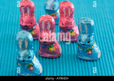 Blue and pink chocolate Easter bunnies, close-up, selective focus Stock Photo