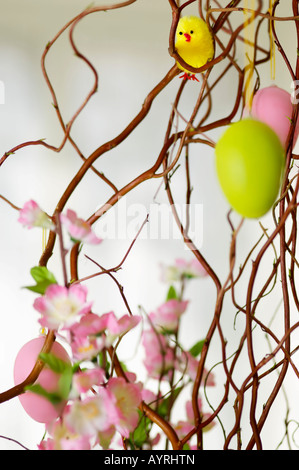 Painted Easter eggs hanging on a branch, close-up, selective focus Stock Photo