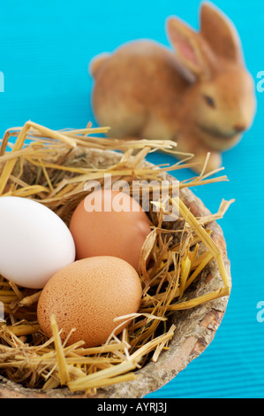 Nest made of straw with eggs in a flower pot, close-up Stock Photo