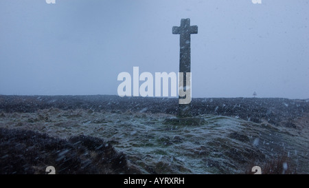 Snow storm at Young Ralph Cross, North York Moors, Blakey Ridge, North Yorkshire, UK Stock Photo