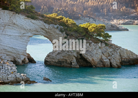 Rock window, coastal cliffs at the very tip of the heel of the Italian 'boot, ' Vieste, Apulia, Southern Italy Stock Photo