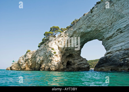 Rock window, coastal cliffs at the very tip of the heel of the Italian 'boot, ' Vieste, Apulia, Southern Italy Stock Photo