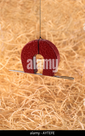 Needle and magnet suspended above a haystack Stock Photo
