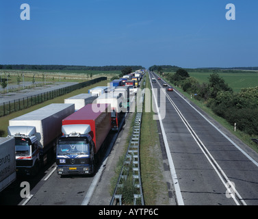 motorway A12, truck traffic jam, border crossing point Germany Poland, D-Frankfurt on the Oder, Brandenburg Stock Photo