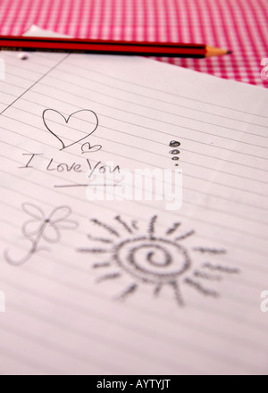 I Love You Doodle on a lined pad, with pencil Stock Photo