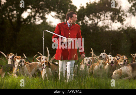 MASTER HUNTSMAN ROBIN NICHOLLS OF THE TETCOTT HUNT NORTH CORNWALL WITH HIS HOUNDS AT A MEETING NEAR THEIR KENNELS IN KILKHAMPTO Stock Photo