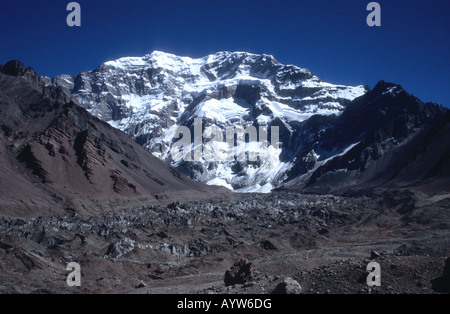 Mt.Aconcagua south face and Lower Horcones glacier, near Plaza Francia base camp, Aconcagua Provincial Park, Mendoza province, Argentina Stock Photo