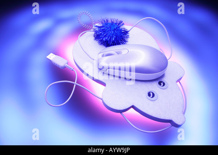 Computer Mouse on Cat Scratch Pad Stock Photo