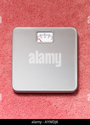 A Bathroom weighing scales on a pink fluffy carpet Stock Photo