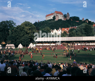 D-Landshut, Isar, Lower Bavaria, festivity, Landshut Princely Wedding, riding games, knightly games, crowd of spectators, Castle Trausnitz Stock Photo