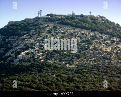 Hi Tec Communication equipment atop the scrub covered Jurassic Limestone Cliffs of the Rock of Gibraltar, Europe, Stock Photo
