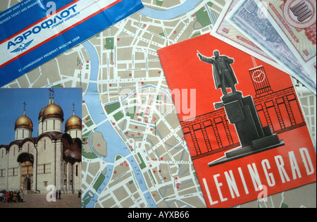 Map of Leningrad with Soviet era postcards Aeroflot ticket and currency Stock Photo