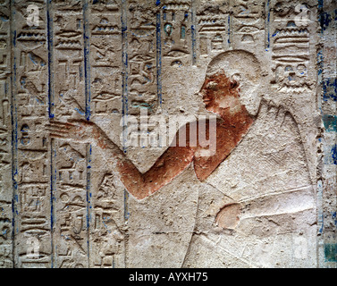 Relief und Hieroglyphen im Grabtempel des Petosiris, Tuna el-Gabal, Mallaui, Mittelaegypten Stock Photo